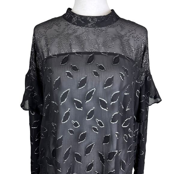 BCBGMaxazria Black Sheer Chiffon Silver Metallic Leaf Print High Neck Blouse - Picture 8 of 15